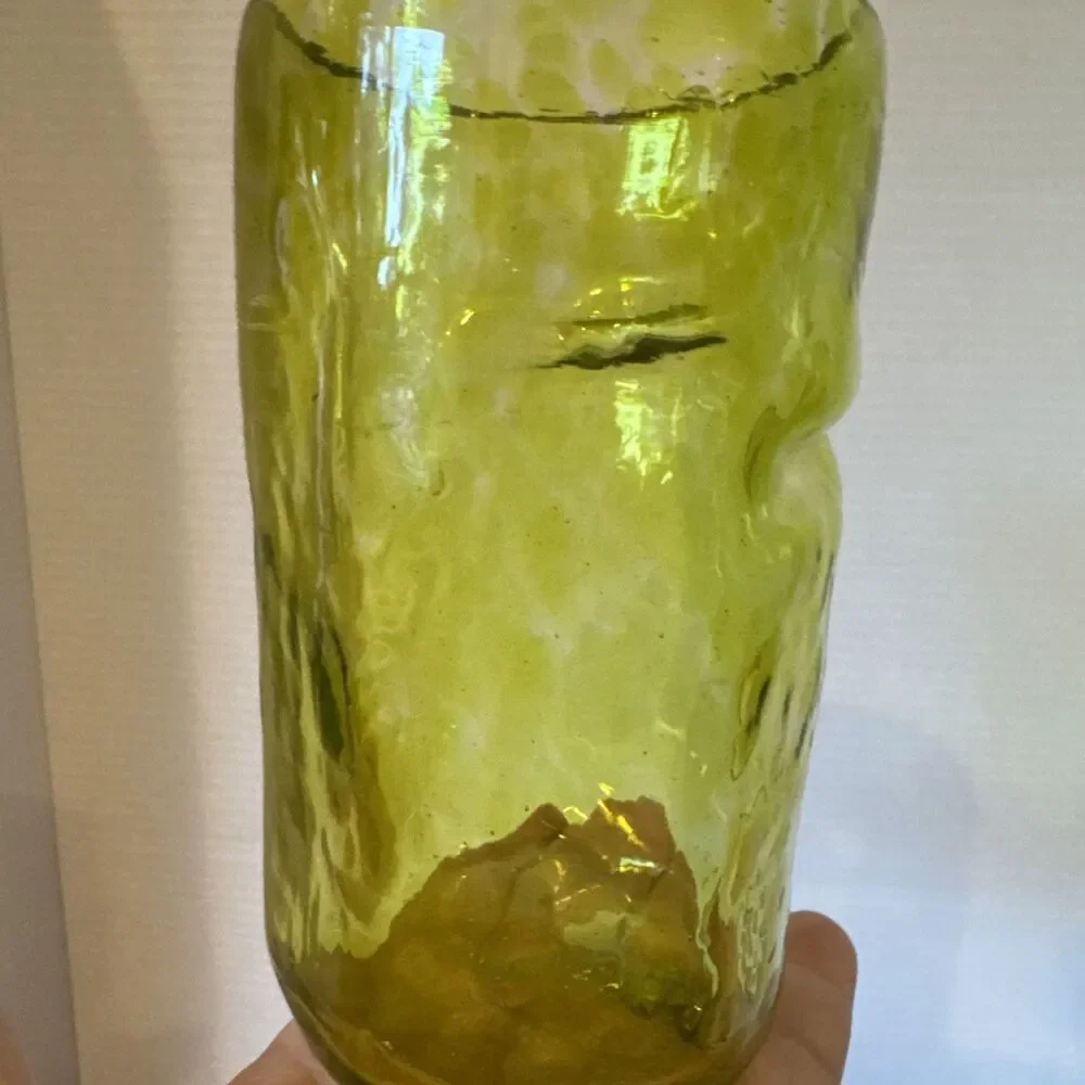 Hand Blown Art Glass Tumbler Yellow Spots Organic Pinched Shape 5” Tall Thick